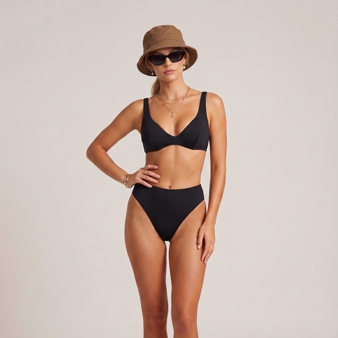 Sarah high-waisted bikini bottom in black, front view