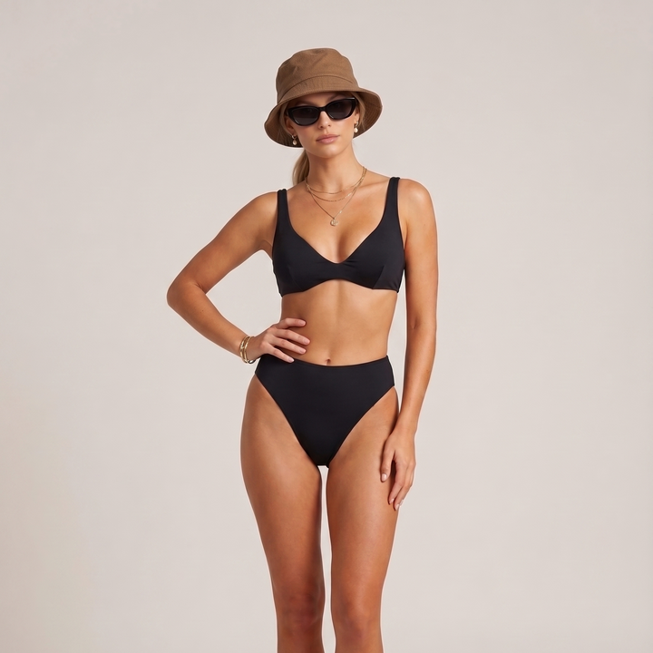 Sarah high-waisted bikini bottom in black, front view