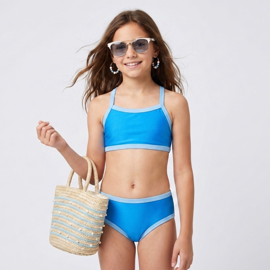 Molan girls' two-piece swimsuit in blue, front view