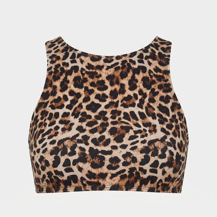 Cameron high-neck bikini top in leopard, detail view