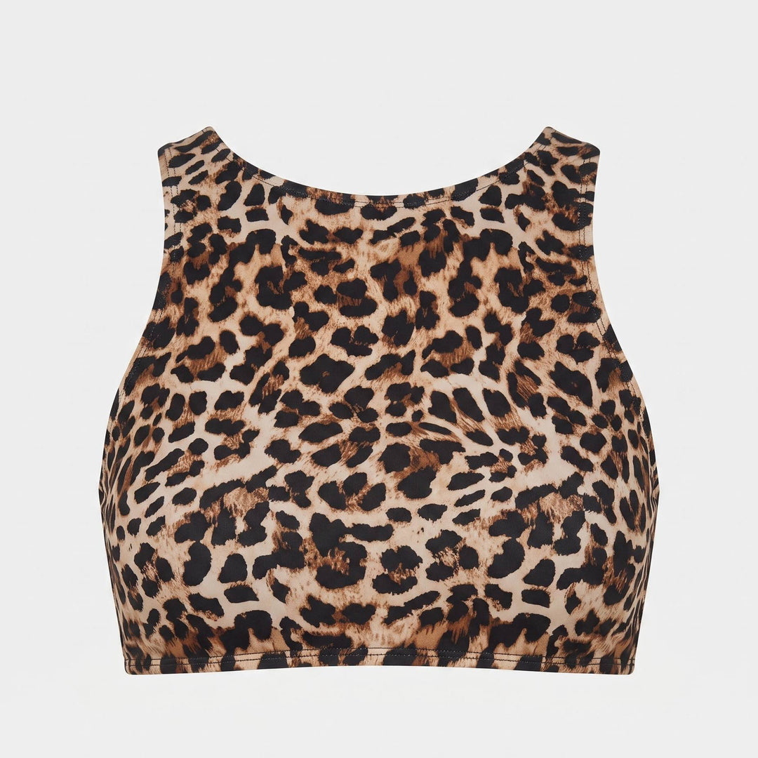Tina high-neck bikini top in leopard, detail view