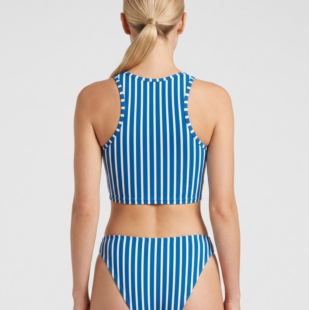 Tina high-neck bikini top in stripe, back view