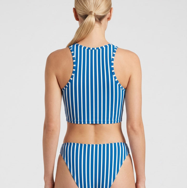 Tina high-neck bikini top in stripe, back view